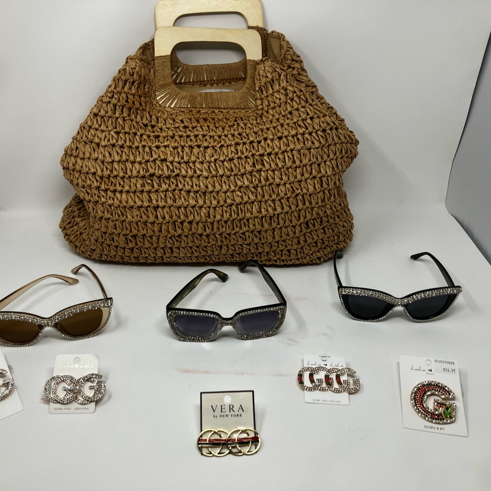 Brown Woven Handbag with Assorted Sunglasses and Jewelry